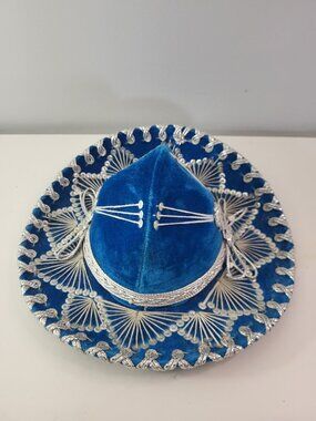 Vintage Blue Velvet Sombrero with Silver Sequin Detail - Made in Mexico